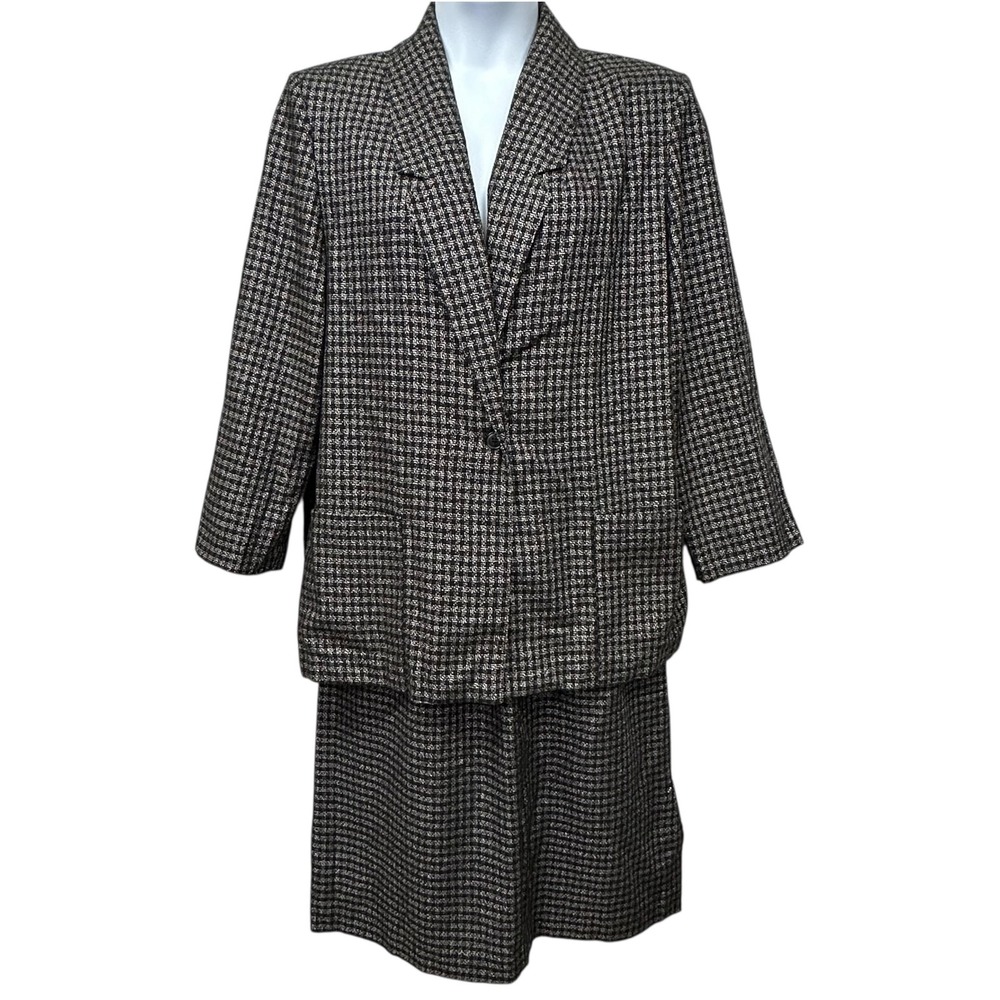 Vintage Sag Harbor Skirt Suit Set Womens 18 Black White Tweed Made‎ USA 90s